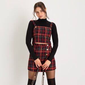 Lulus Adorably Posh Navy Blue And Red Plaid Tweed Top - Size L